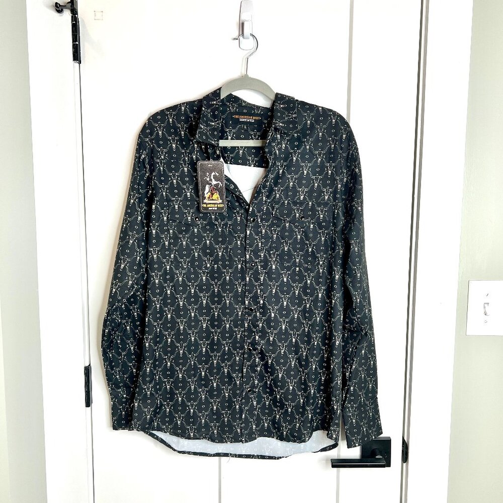 The American West Men's Black Snap Button Down Longhorn Novelty Print NWT L